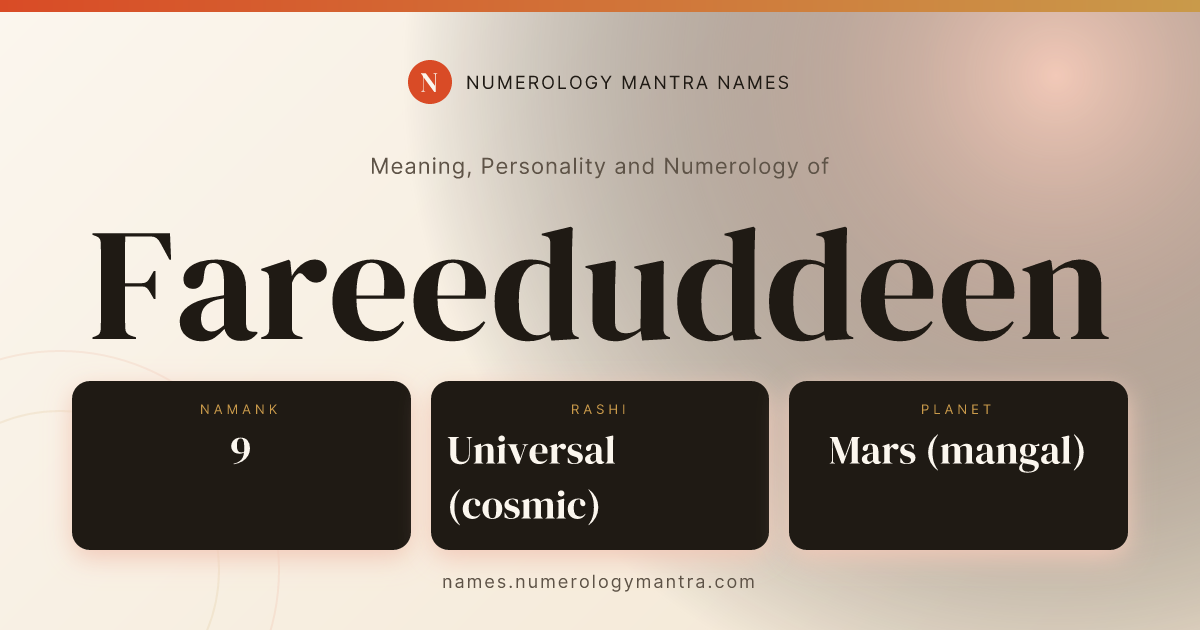 Fareeduddeen name meaning, Namank calculation, and Vedic profile share card