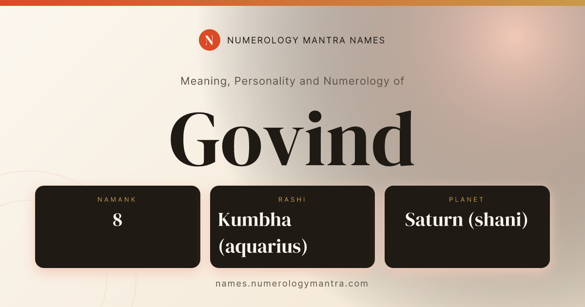 Govind name meaning, Namank calculation, and Vedic profile share card