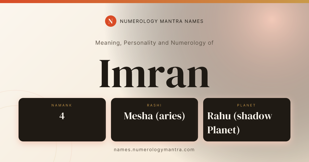 Imran name meaning, Namank calculation, and Vedic profile share card