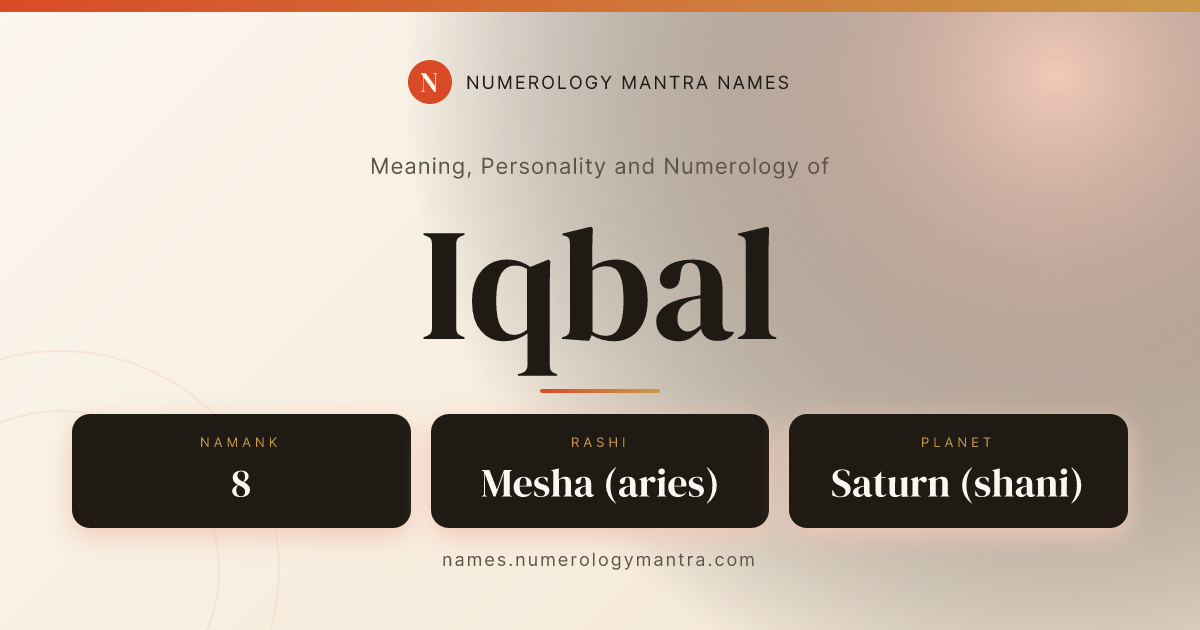 Iqbal name meaning, Namank calculation, and Vedic profile share card