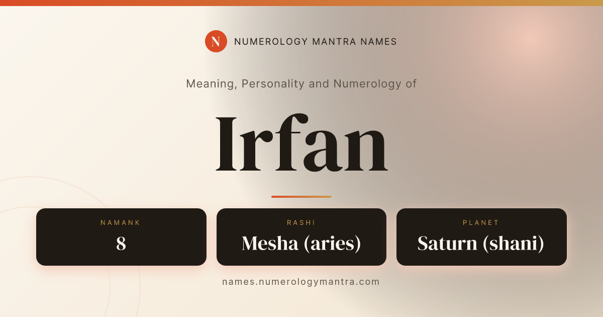 Irfan name meaning, Namank calculation, and Vedic profile share card