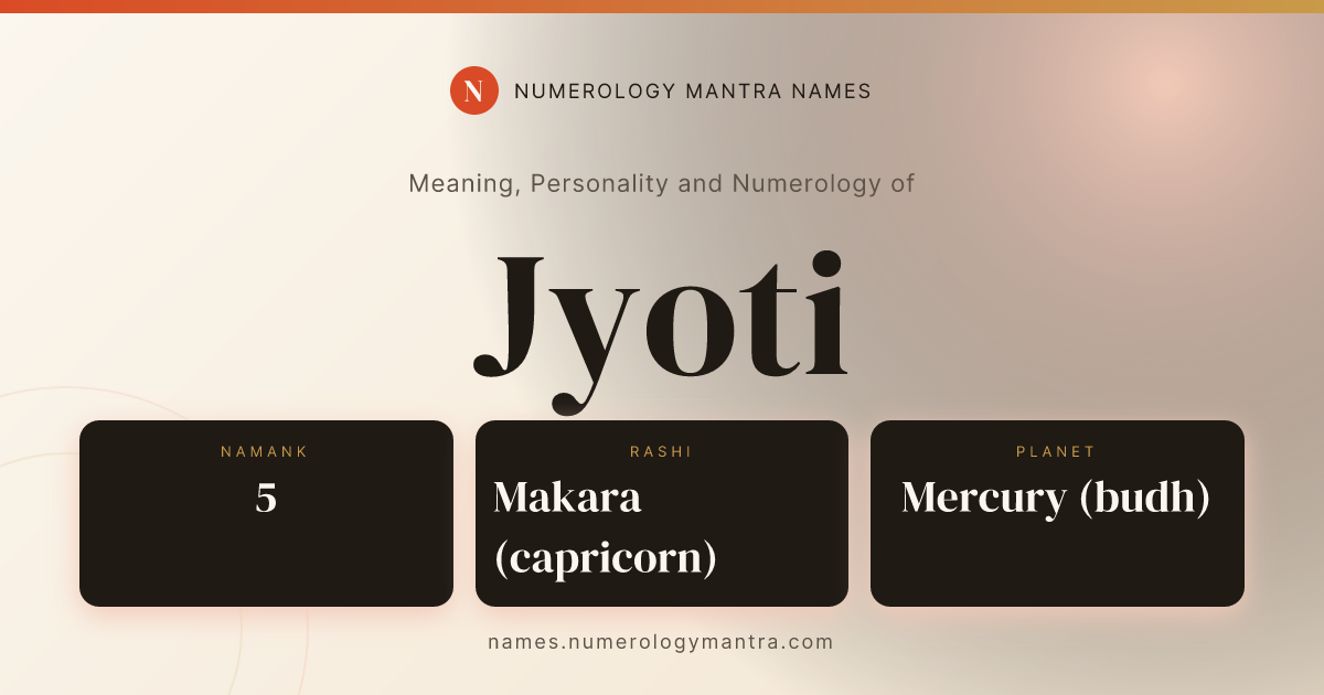 Jyoti name meaning, Namank calculation, and Vedic profile share card