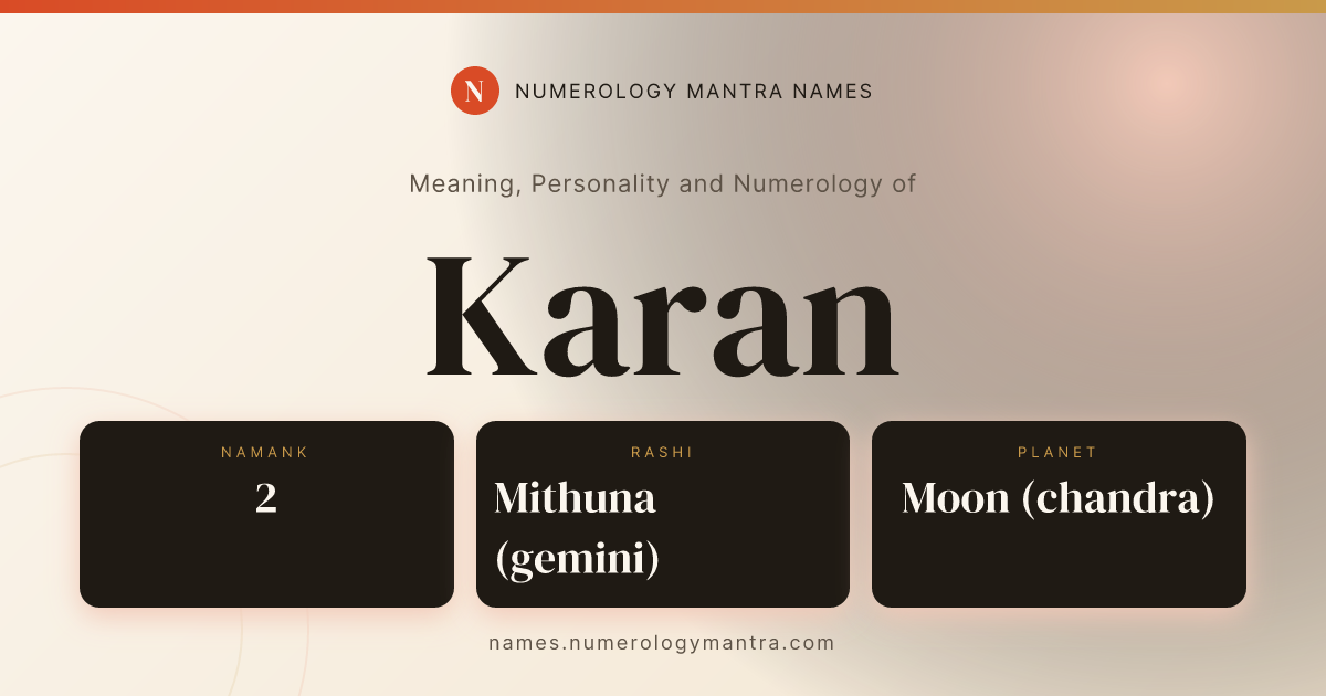 Karan name meaning, Namank calculation, and Vedic profile share card