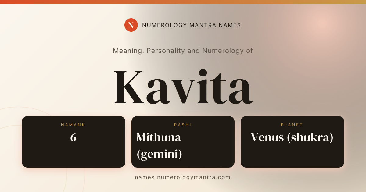 Kavita name meaning, Namank calculation, and Vedic profile share card