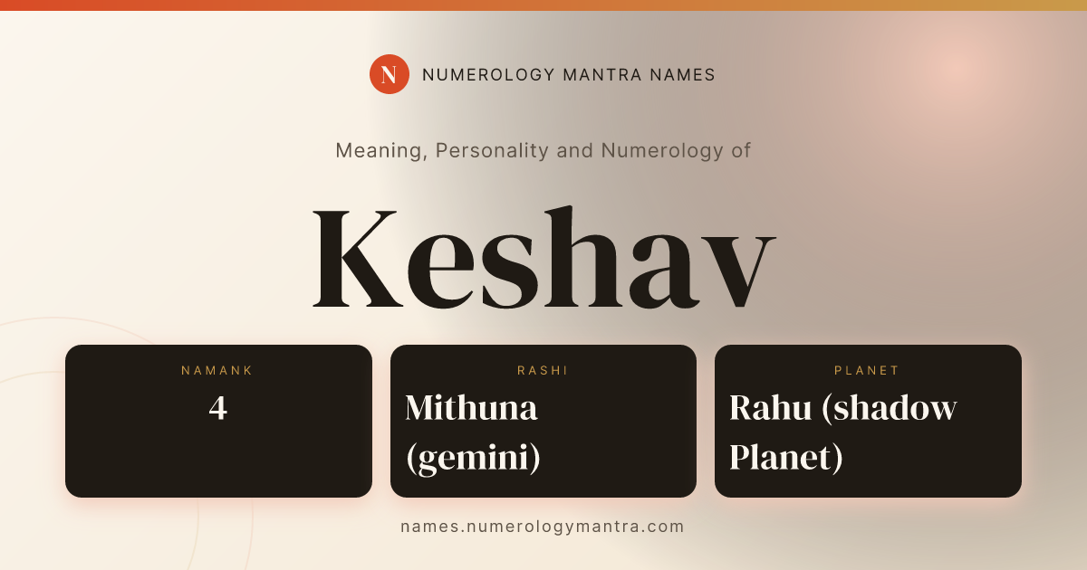 Keshav name meaning, Namank calculation, and Vedic profile share card