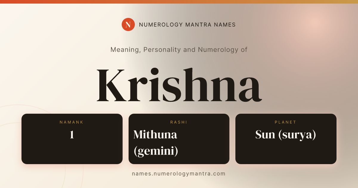 Krishna name meaning, Namank calculation, and Vedic profile share card