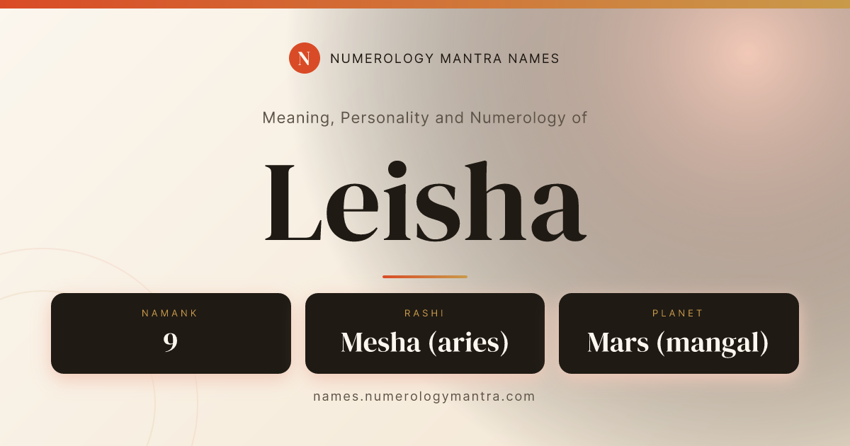 Leisha name meaning, Namank calculation, and Vedic profile share card