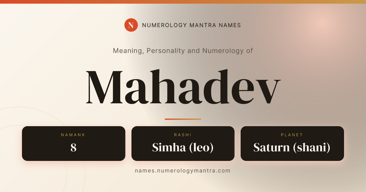 Mahadev name meaning, Namank calculation, and Vedic profile share card