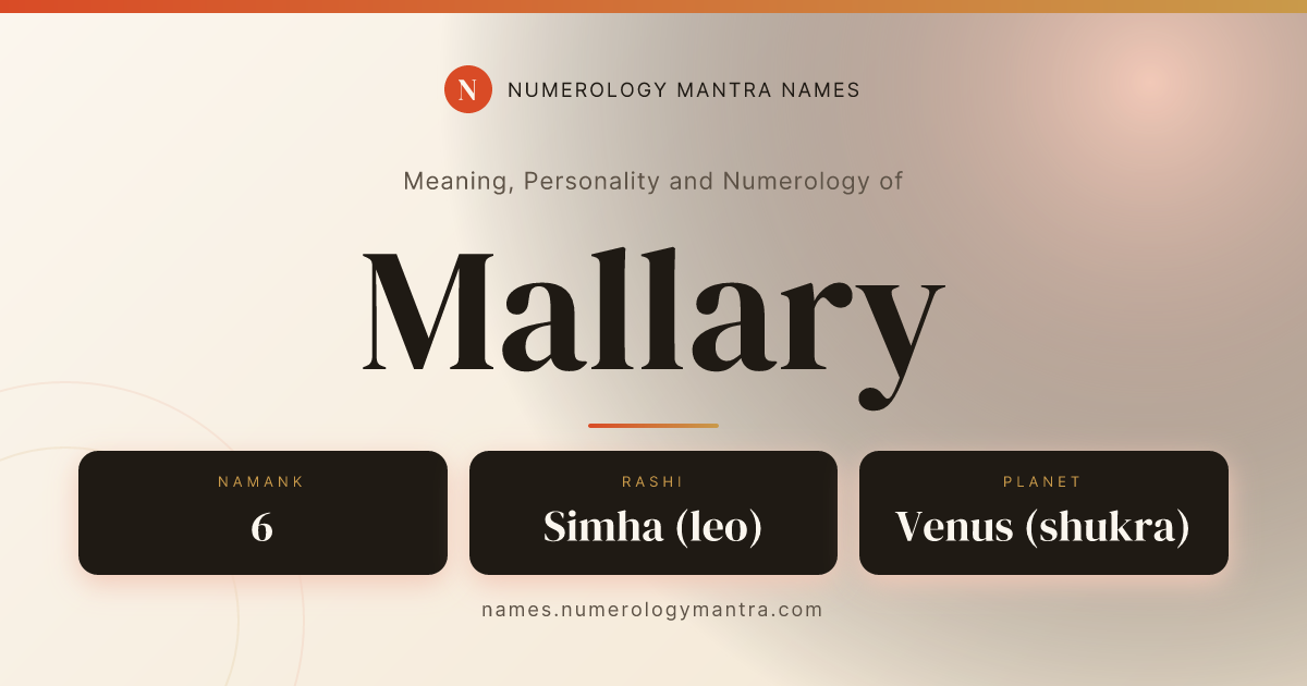 Mallary name meaning, Namank calculation, and Vedic profile share card