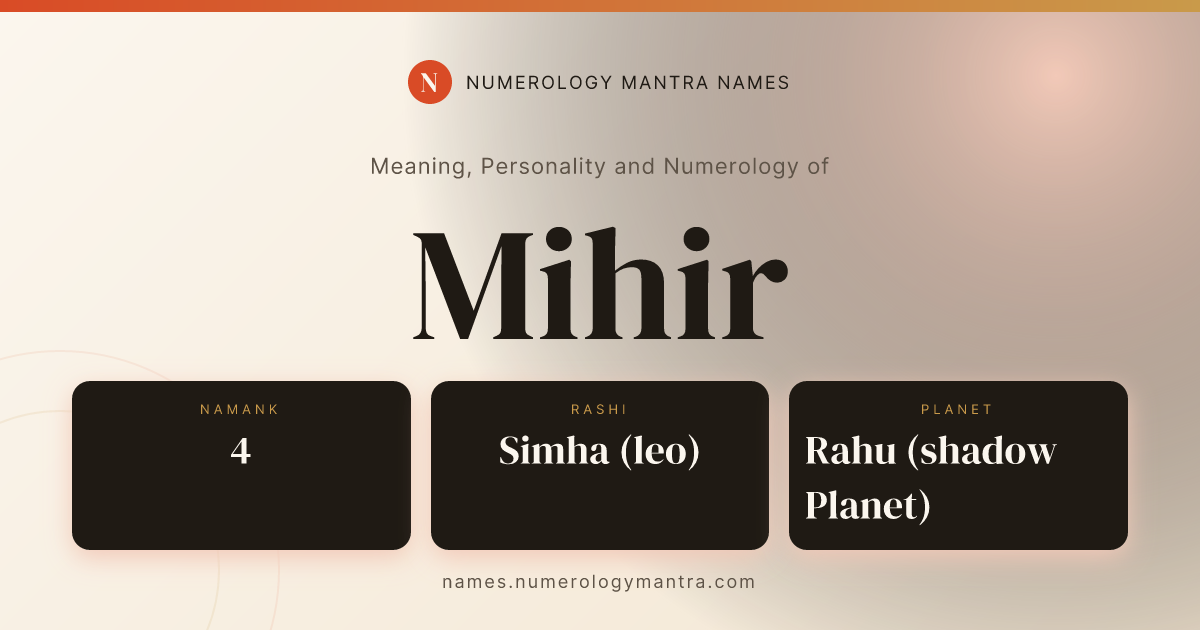 Mihir name meaning, Namank calculation, and Vedic profile share card