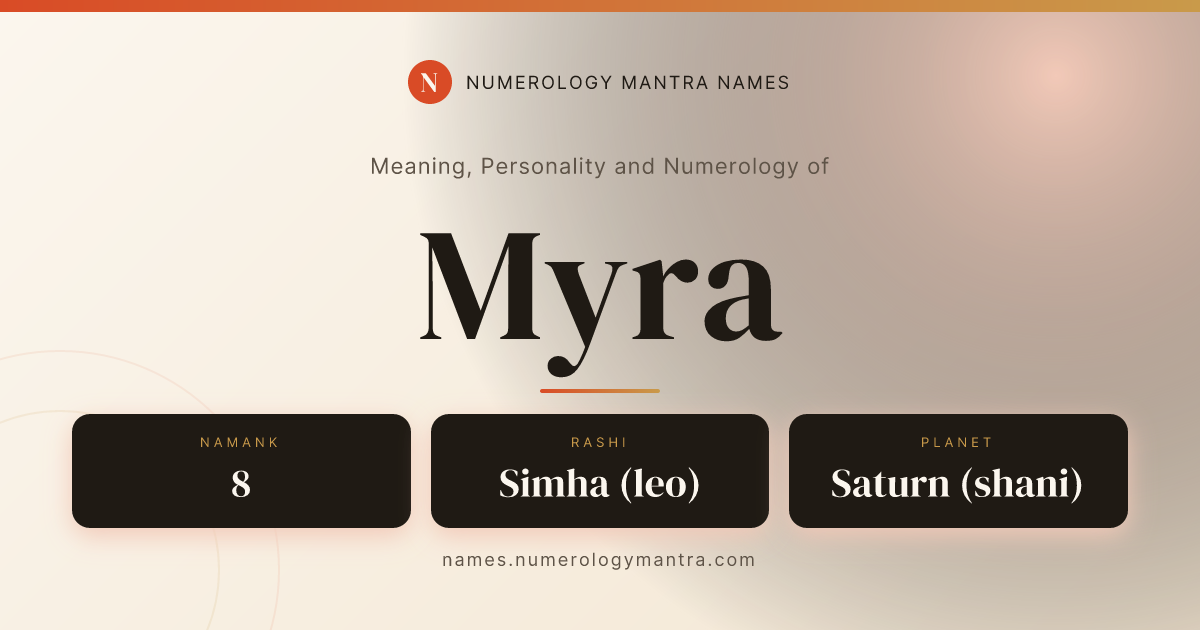 Myra name meaning, Namank calculation, and Vedic profile share card