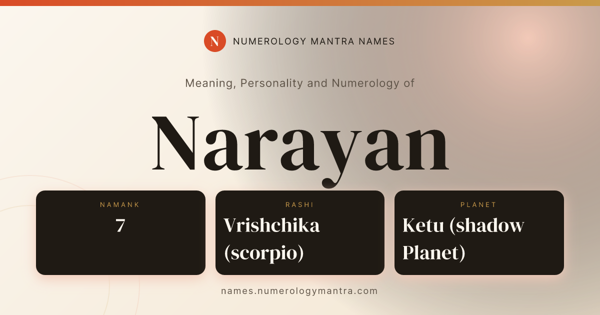 Narayan name meaning, Namank calculation, and Vedic profile share card