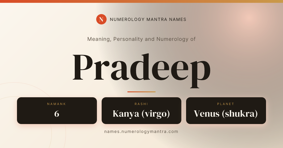 Pradeep name meaning, Namank calculation, and Vedic profile share card