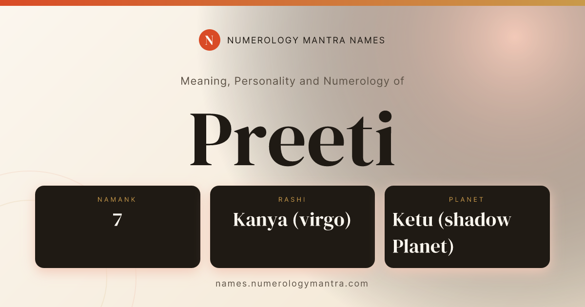 Preeti name meaning, Namank calculation, and Vedic profile share card