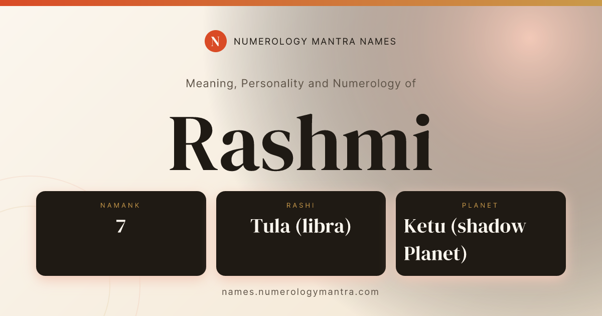 Rashmi name meaning, Namank calculation, and Vedic profile share card