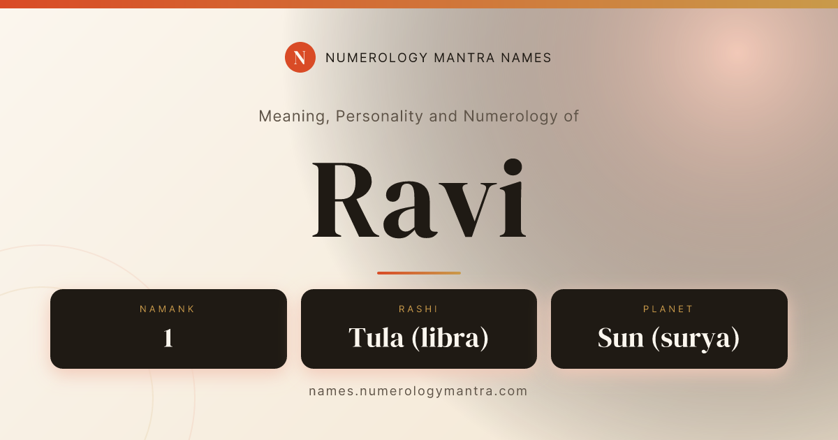 Ravi name meaning, Namank calculation, and Vedic profile share card