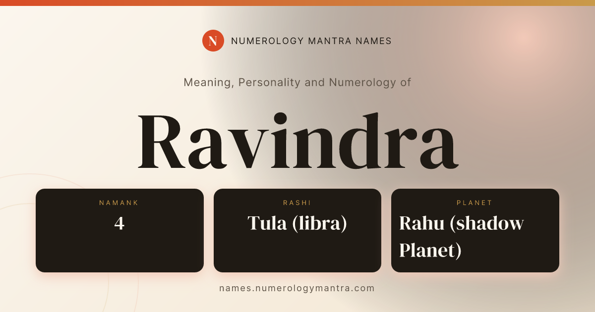Ravindra name meaning, Namank calculation, and Vedic profile share card