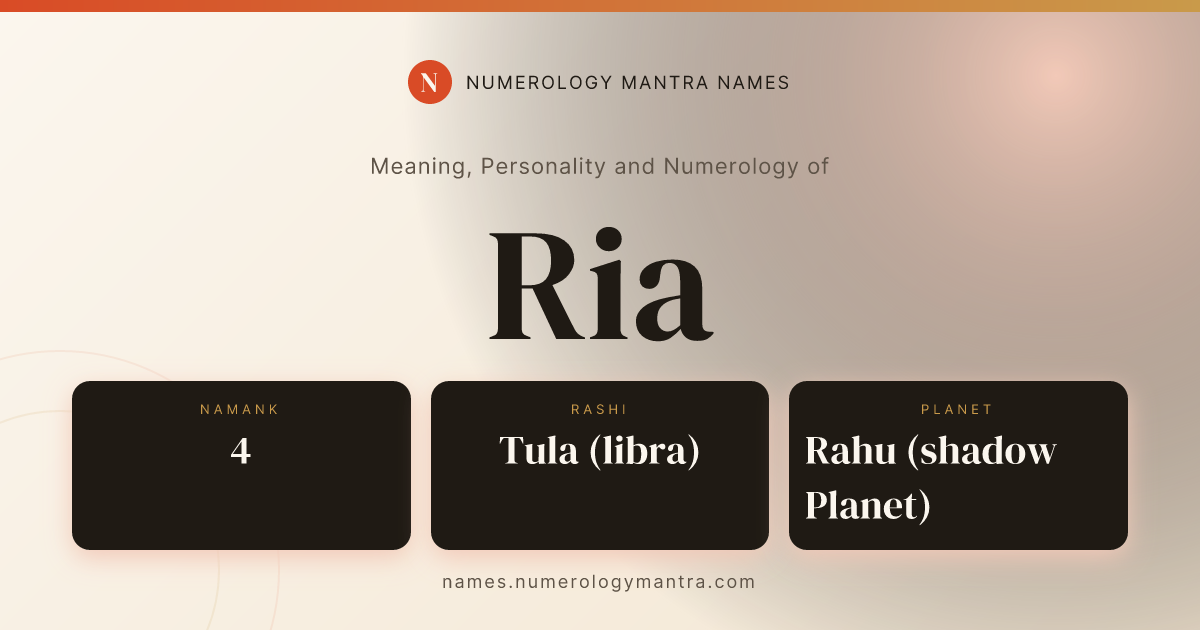 Ria name meaning, Namank calculation, and Vedic profile share card