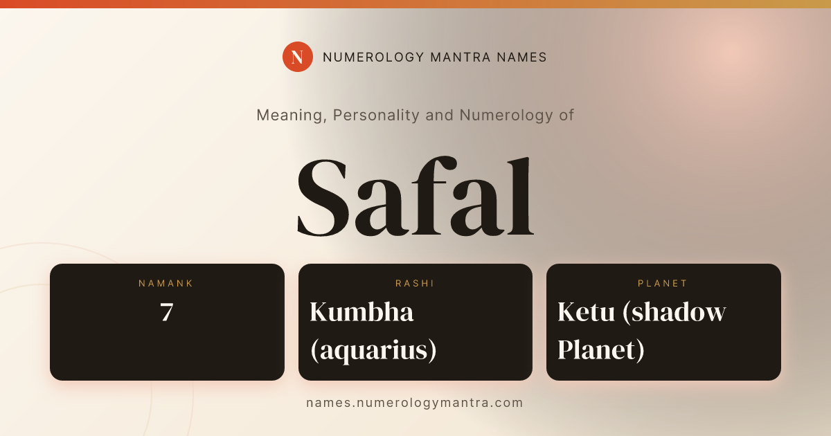 Safal name meaning, Namank calculation, and Vedic profile share card