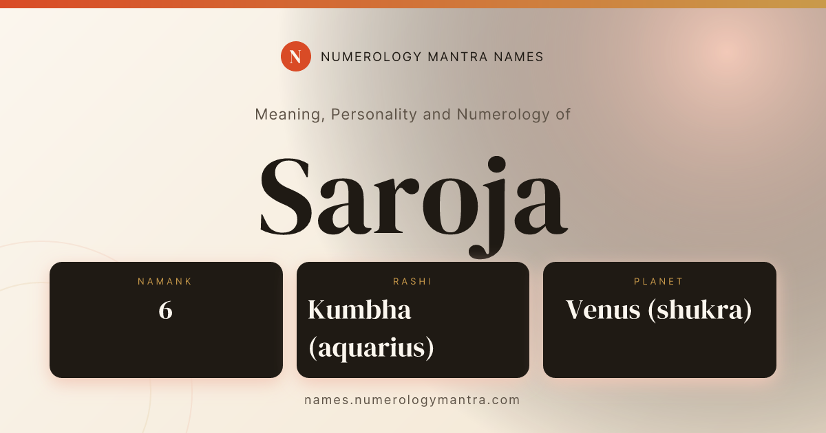 Saroja name meaning, Namank calculation, and Vedic profile share card
