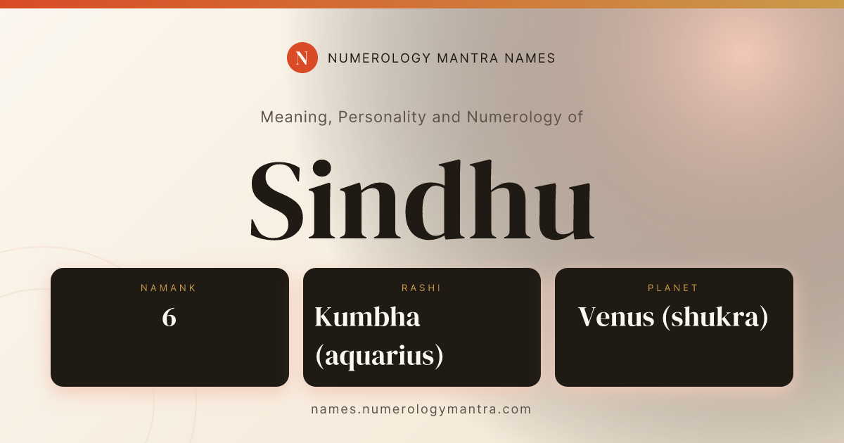Sindhu name meaning, Namank calculation, and Vedic profile share card