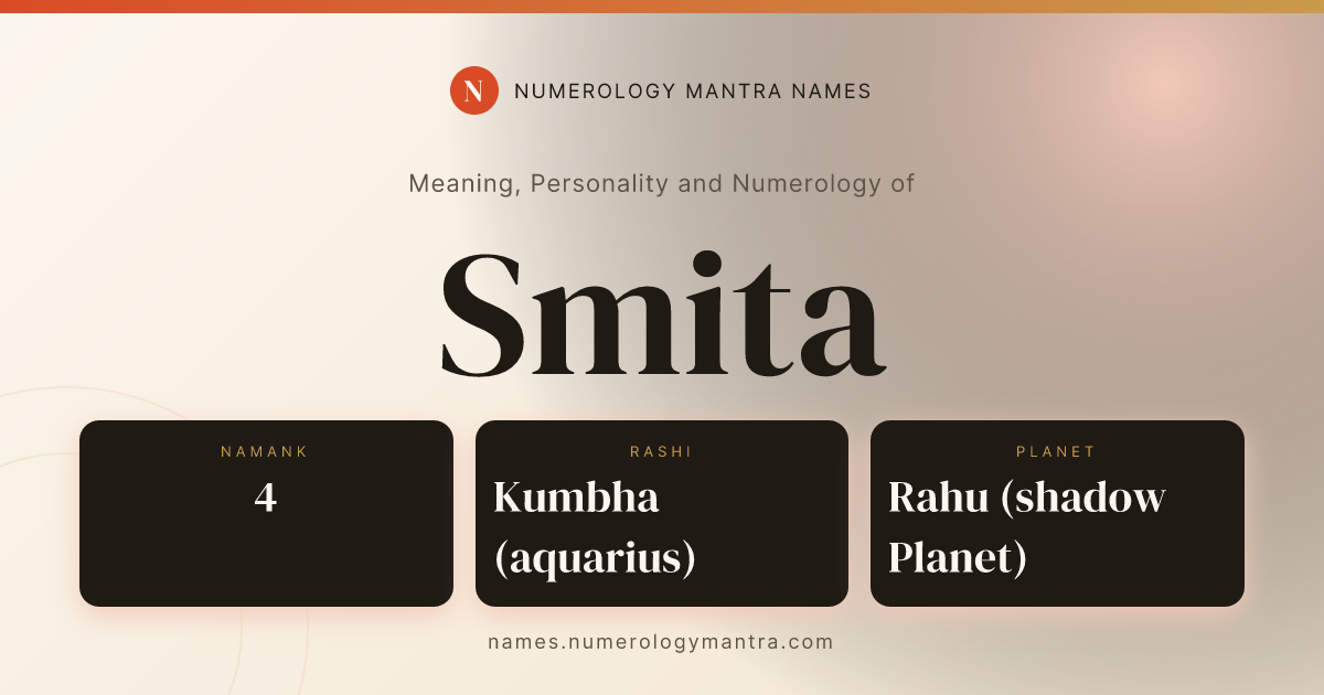 Smita name meaning, Namank calculation, and Vedic profile share card