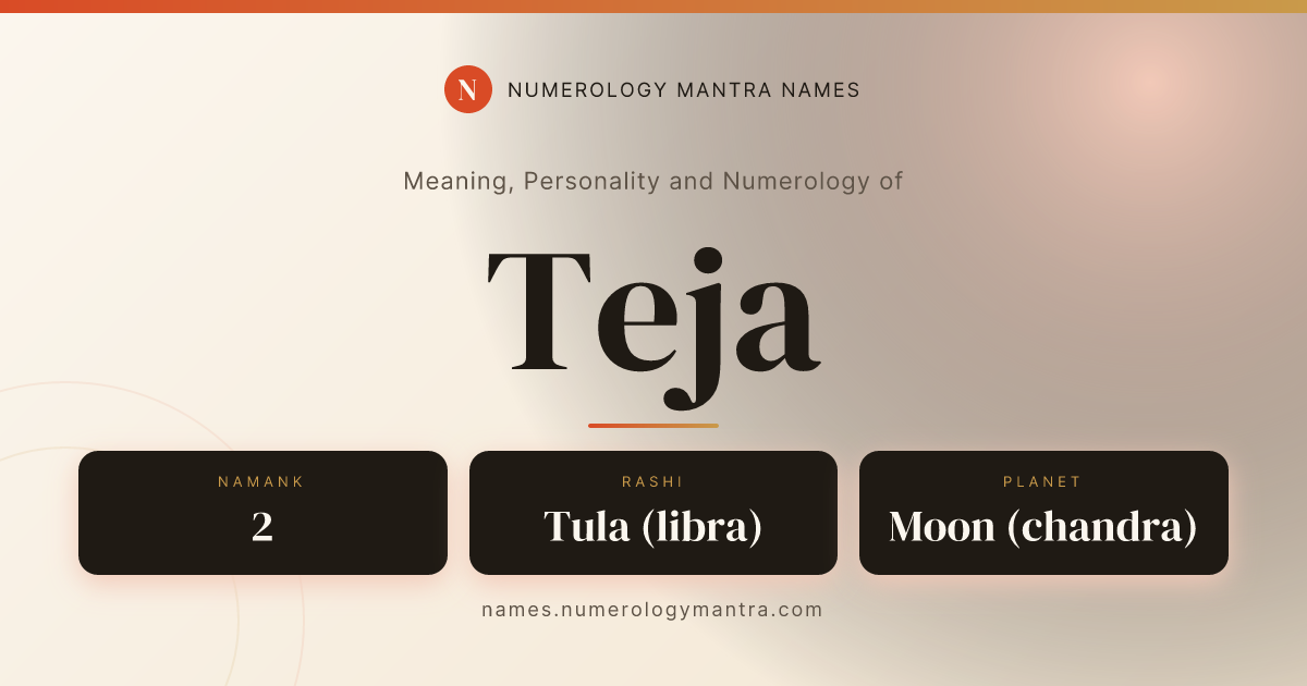 Teja name meaning, Namank calculation, and Vedic profile share card