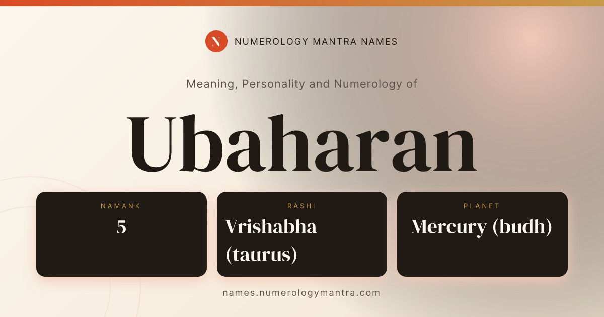 Ubaharan name meaning, Namank calculation, and Vedic profile share card