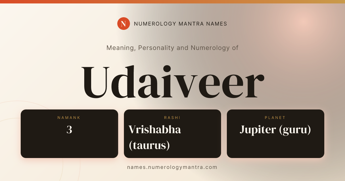 Udaiveer name meaning, Namank calculation, and Vedic profile share card