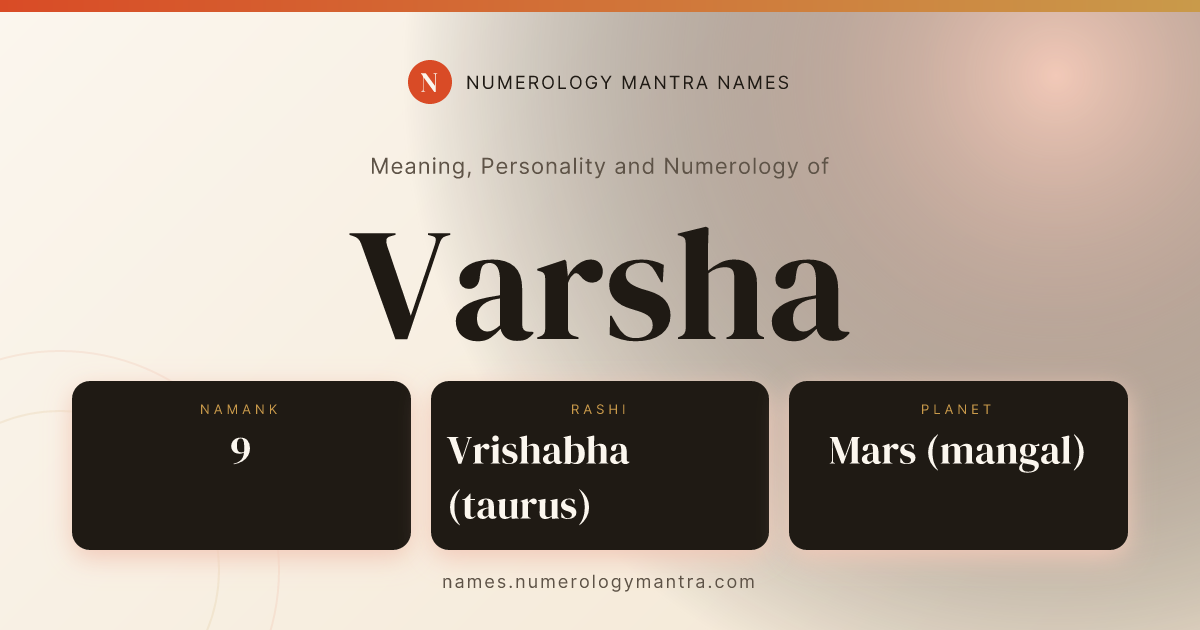 Varsha name meaning, Namank calculation, and Vedic profile share card