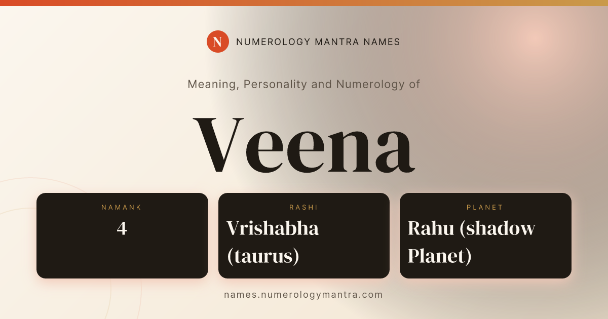 Veena name meaning, Namank calculation, and Vedic profile share card
