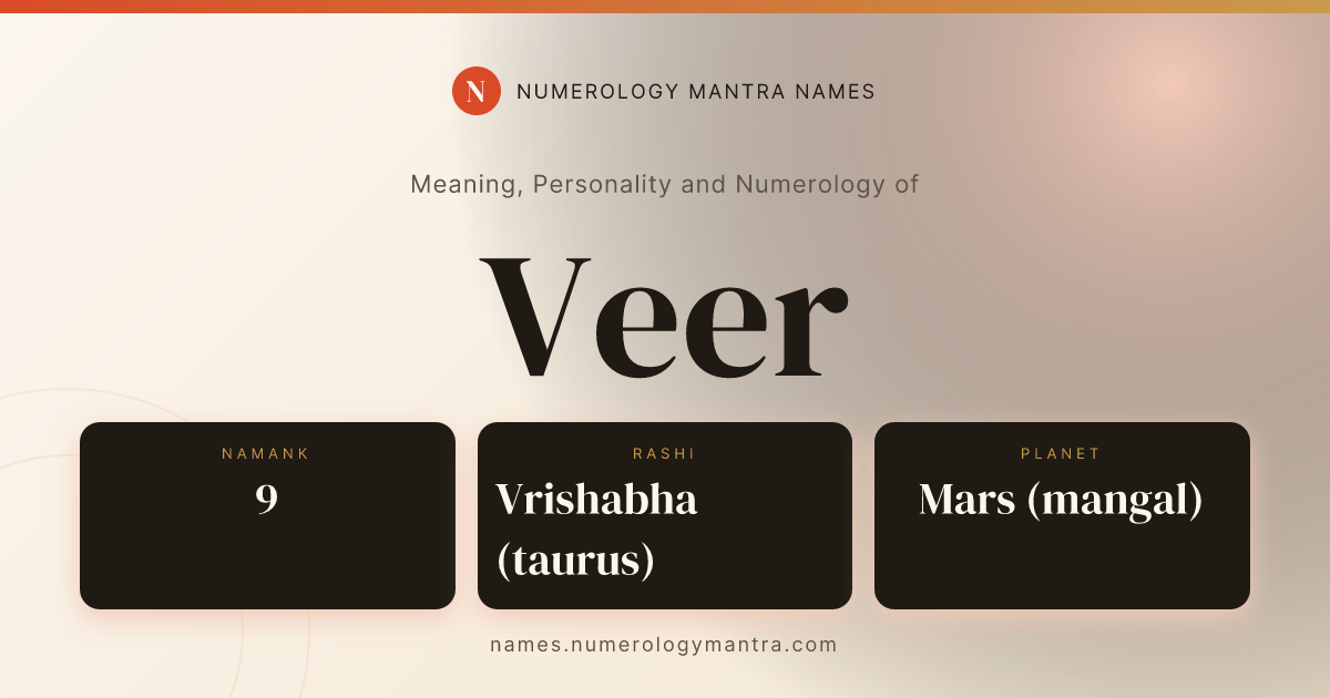 Veer name meaning, Namank calculation, and Vedic profile share card