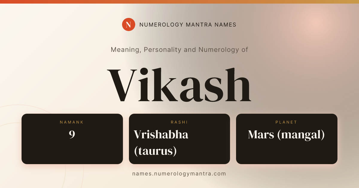 Vikash name meaning, Namank calculation, and Vedic profile share card