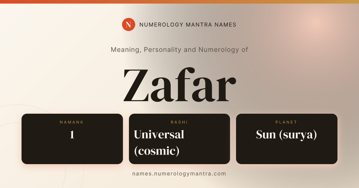 Zafar name meaning, Namank calculation, and Vedic profile share card