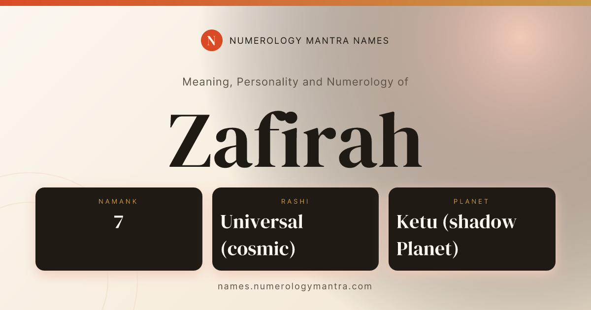 Zafirah name meaning, Namank calculation, and Vedic profile share card