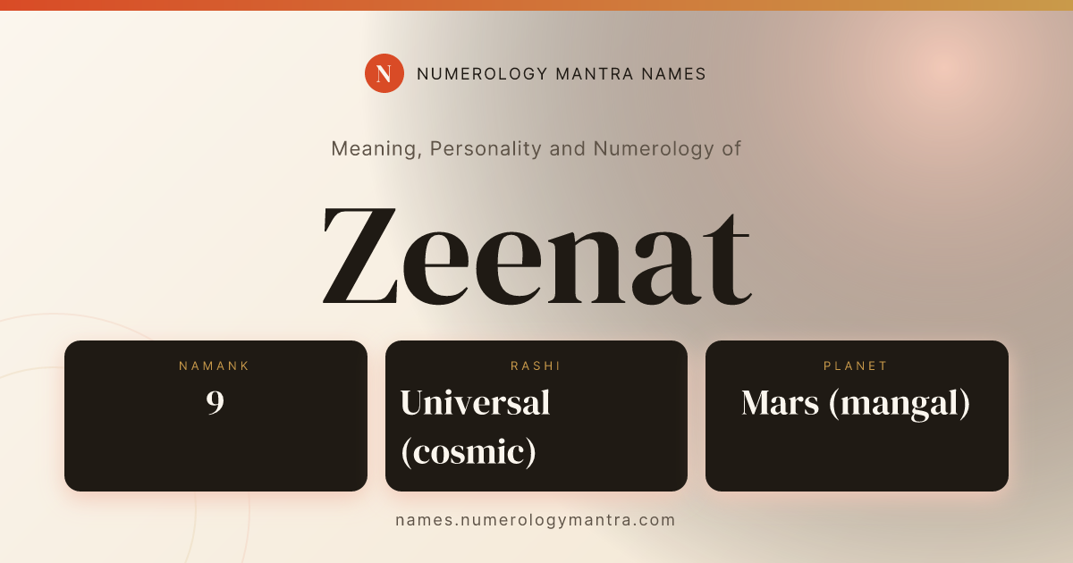 Zeenat name meaning, Namank calculation, and Vedic profile share card